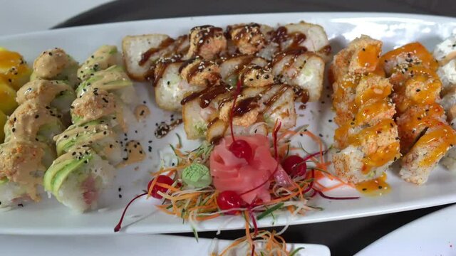Different varieties of sushis on a platter