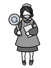 コロナにも対応　マスクをしたナースがクエスチョンの札を持って分かりやすく案内する手描きイラスト(モノクロ)