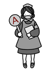 コロナにも対応　マスクをしたナースがアンサーの札を持って分かりやすく案内する手描きイラスト(モノクロ)