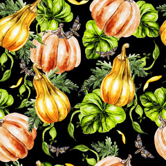 Beautiful watercolor seamless pattern with sunflower, pumpkins and leaves. 