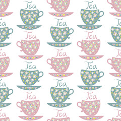 Seamless vector pattern of silhouettes of ornamental kitchen supplies, cup of tea on a plate in pastel colors. The design is perfect for stickers, decorations, icon, logo, badges, advertisements