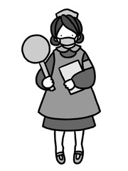 コロナにも対応　マスクをしたナースが札を持って分かりやすく案内する手描きイラスト(モノクロ)