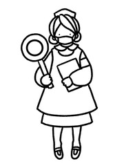 コロナにも対応　マスクをしたナースがマルの札を持って分かりやすく案内する手描きイラスト(線画のみ)