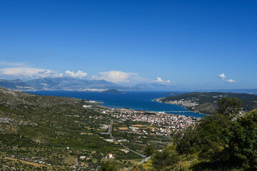 TROGIR, CROATIA, June 2020. Aerial view of Trogir and Čiovo island in Dalmatia. Adriatic sea and clear blue sky.