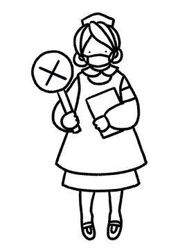 recommend clip art: コロナにも対応　マスクをしたナースがバツの札を持って分かりやすく案内する手描きイラスト(線画のみ)