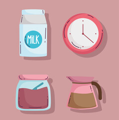 coffee brewing methods, milk box kettle sugar and clock icons