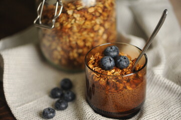 Delicious homemade granola in a dark glass with blueberries and coconut pudding with Chia seeds....