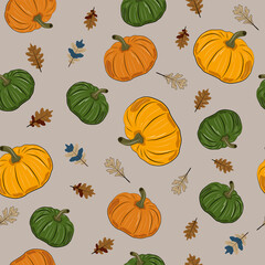Autumn seamless pattern with pumpkins and leaves.