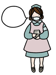コロナにも対応　お薬を持って吹き出しでメッセージを伝えるマスクをしたナースの手描きイラスト