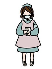 コロナにも対応　お薬を渡すために手に持っているマスクをしたナースの手描きイラスト