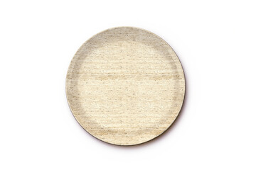 stone texture dish plate isolated on white, Empty porcelain tableware for food and cutlery set, Mock up of round ceramics kitchen utensils collection.