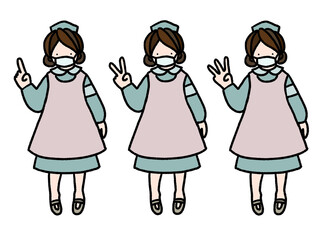 コロナにも対応　1・2・3と指差しで分かりやすく説明をしているマスクをしたナースの手描きイラスト
