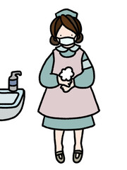 コロナにも対応　洗面所で手洗いをするマスクをしたナースの手描きイラスト