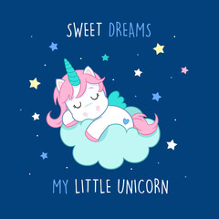 Sweet dreams my little unicorn - Lovely little unicorn sleeping on the cloud - Blue background - Suitable for decorations, party invitations or greeting cards