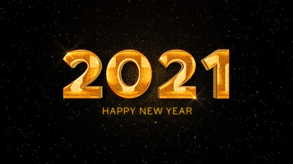 Happy New Year 2021 golden particles bokeh black background new year resolution concept.	