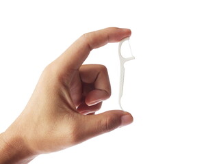 Hand holding dental floss picks,toothpick  isolated on white background.