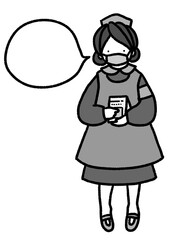 コロナにも対応　お薬を持って吹き出しでメッセージを伝えるマスクをしたナースの手描きイラスト(モノクロ)