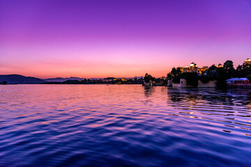 Sunset view at Lake Pichola from Ambrai Ghat at Udaipur, Rajasthan, India