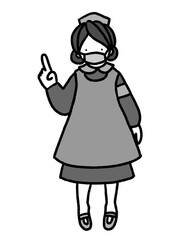 コロナにも対応　指差しで分かりやすく説明をしているマスクをしたナースの手描きイラスト(モノクロ)