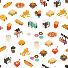 Fast Food Cart Cafe Concept Seamless Pattern Background 3d Isometric View. Vector