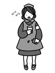 コロナにも対応　うがい薬を手にうがいをしているナースの手描きイラスト(モノクロ)