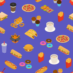 Fast Food Cart Cafe Concept Seamless Pattern Background 3d Isometric View. Vector