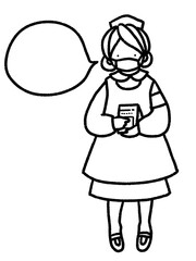 コロナにも対応　お薬を持って吹き出しでメッセージを伝える、マスクをしたナースの手描きイラスト(線画のみ)