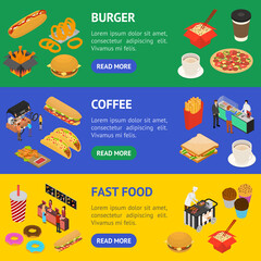 Fast Food Cart Cafe Concept Banner Horizontal Set 3d Isometric View. Vector