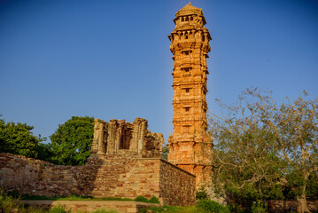 Vijaya Stambha 'victory monument' constructed by Mewar king Rana Kumbha in year 1448  at Chittorgarh fort in Rajasthan, India to commemorate victory over armies of Malwa & Gujarat led by Mahmud Khilji - obrazy, fototapety, plakaty