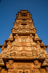 Vijaya Stambha 'victory monument' constructed by Mewar king Rana Kumbha in year 1448  at Chittorgarh fort in Rajasthan, India to commemorate victory over armies of Malwa & Gujarat led by Mahmud Khilji - obrazy, fototapety, plakaty