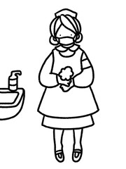 コロナにも対応　洗面所で手洗いをするマスクをしたナースの手描きイラスト(線画のみ)
