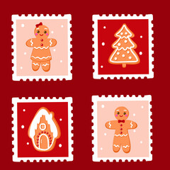 postage stamps with gingerbread on the color background