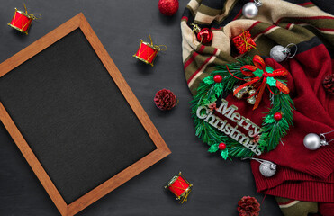 christmas decoration with hot coffee on black wooden background. flat lay. copy space for text.