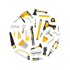 Cartoon Color Hand Tool Concept Round Design Template Banner. Vector