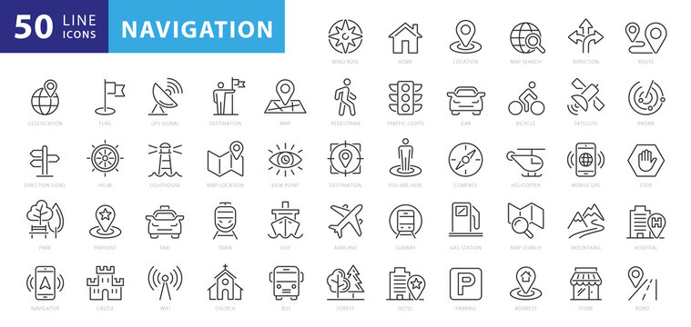 Navigation, location, GPS elements - thin line web icon set. Outline icons collection. Simple vector illustration