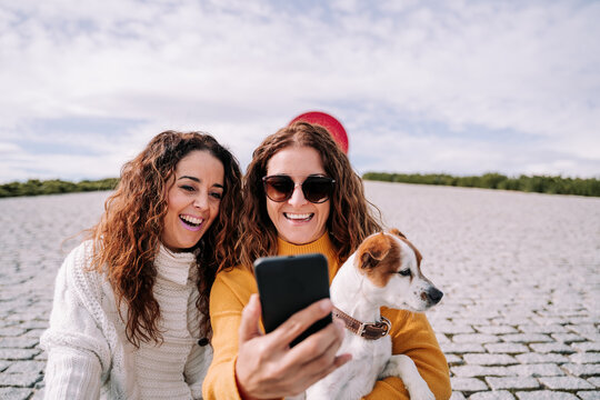 Two beautiful women sitting with a little dog in a park of Madrid trying to take a photo with the phone. Technology lifestyle with dogs
