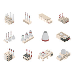 Factory Constructions or Buildings Concept Set 3d Isometric View. Vector