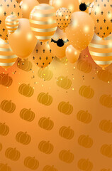 orange banner with balloons at the top, balloons in a strip and in a bat, sparkles, glitter, background in a pumpkin