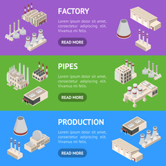 Factory Constructions or Buildings Concept Banner Horizontal Set 3d Isometric View. Vector
