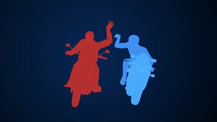 Motorcycle People Arguing Wireframe Glowing 3D Rendering