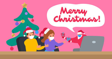 merry christmas children boy and girl chatting with santa claus video call conference using laptop during coronavirus pandemic