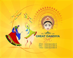 Vector illustration of Great Dandiya Night, two people playing dandiya, Goddess Durga face, Indian festival celebration, colorful fireworks, Navratri banner template.