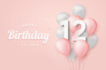 Happy 12th birthday balloons greeting card background. 12 years anniversary. 12th celebrating with confetti. Vector stock