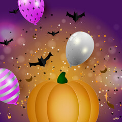 pumpkin on orange and purple background with balloons, bats and sparkles, tank in the background, streamer