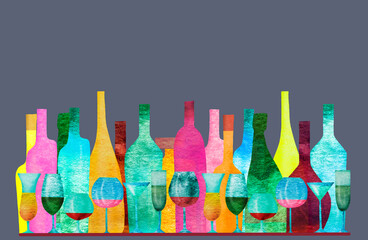 Image of Seamless ribbon border with stylized silhouettes of colored bottles of alcohol and glasses. Watercolor. printed on Printed Glass Splashbacks
