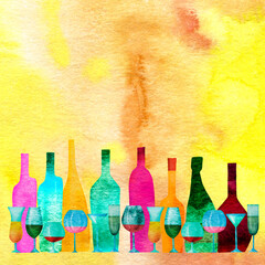 Stylized colorful silhouettes of bottles  and glasses. Watercolor. Wine colored background with...