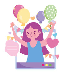 online party, girl in website festive decoration balloons