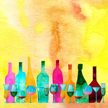 Stylized colorful silhouettes of bottles  and glasses. Watercolor. Wine colored background with space for your text.
