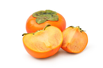 Persimmon fruit with cut in half isolated on white background. clipping path.