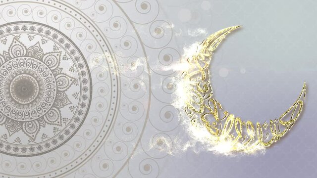 Eid Al Adha Mubarak celebration for the Muslim community, loop elegant arabesque mandala background decorations with calligraphy translated as : have a blessed holiday